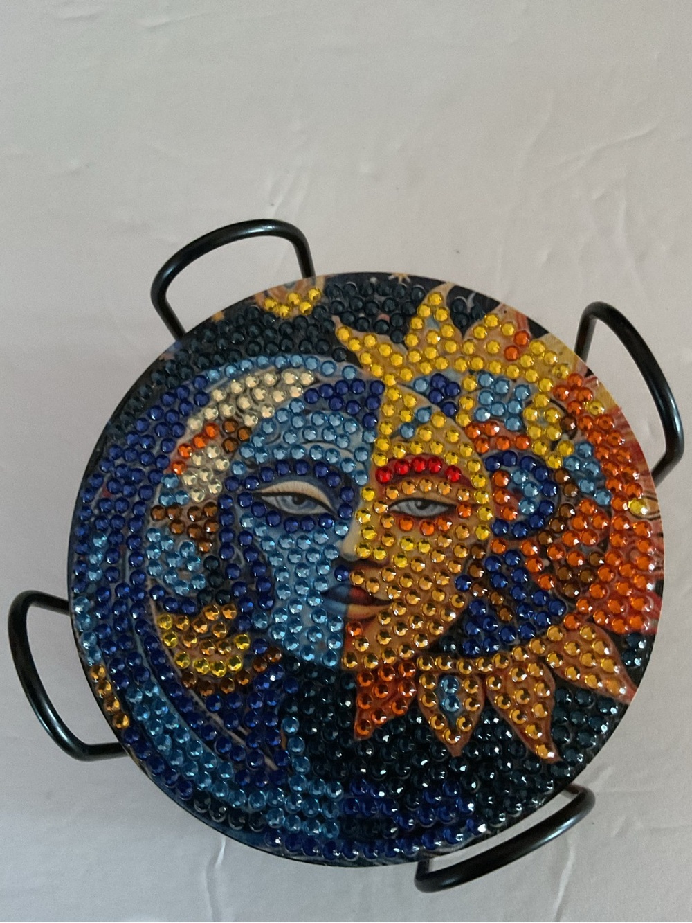 Sun and Moon Diamond Art Decorative coasters. Set of 8 w/holder.
